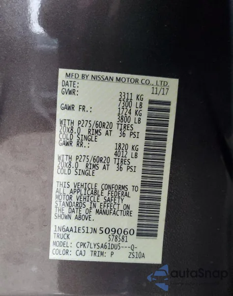 2018 Nissan Titan Sv из США, поврежденный, VIN 1N6AA1E51JN509060